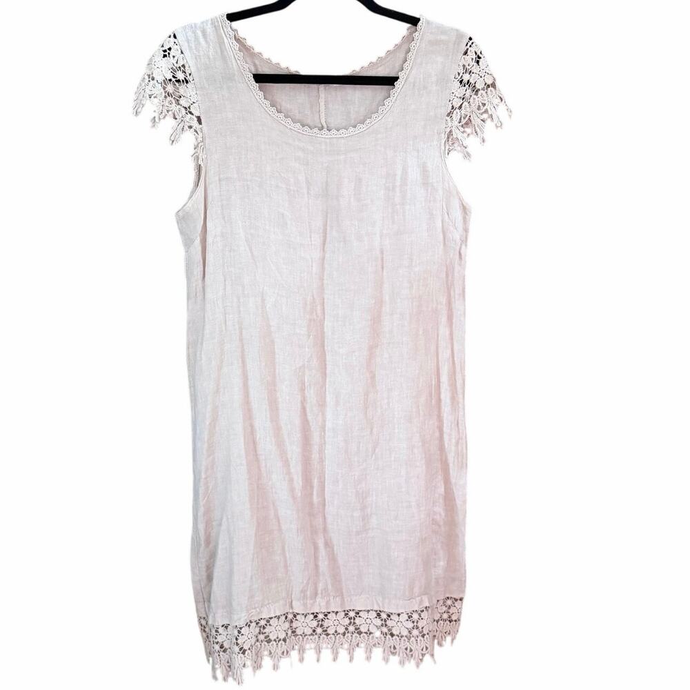 Martina Innocenti Italian Linen Lace Trim Sleeveless Shift Dress cream Small